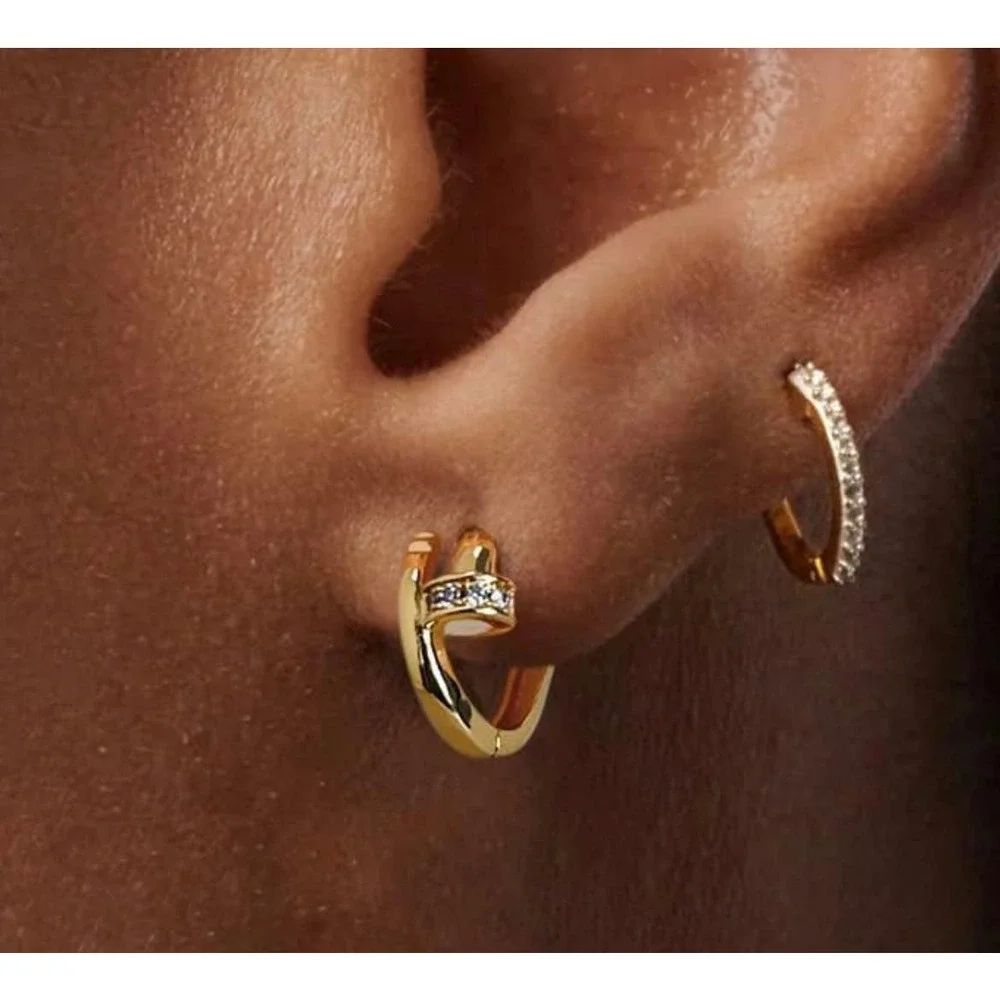 14k Gold Plated Twisted Nail‎ Huggie Earrings Small Hoop Gold Hypoallergenic CZ
